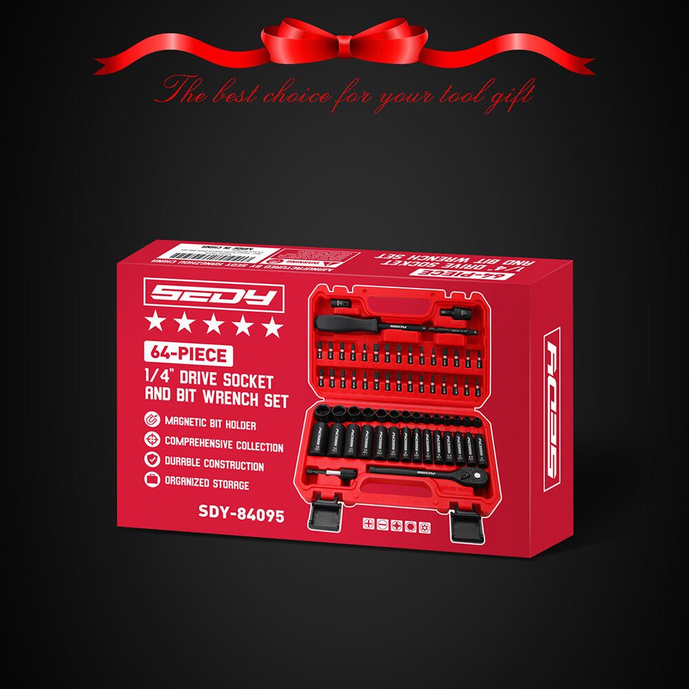 SEDY 64-piece socket and bit wrench set with CR-V steel sockets, universal joint, ratchet handle, and hard carry case for automotive and home tool kits