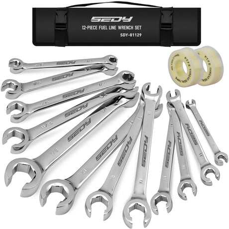 12-piece flare nut spanner set with metric and SAE sizes and Teflon tape for brake line and plumbing repairs