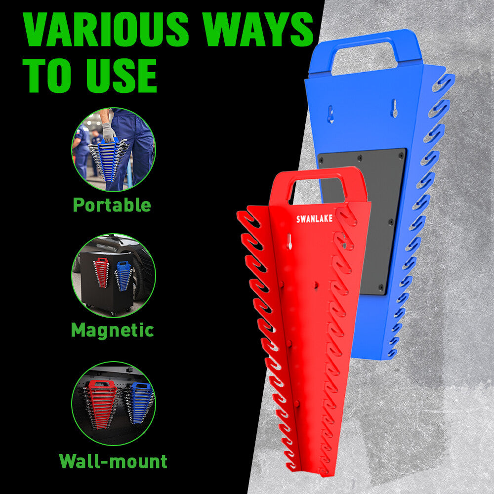 Magnetic wrench organiser set with red and blue 15-slot holders for wall or toolbox mounting, heavy-duty design with strong rare-earth magnets