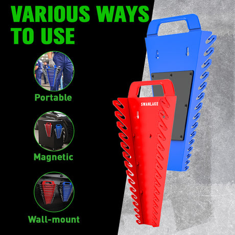 Magnetic wrench organiser set with red and blue 15-slot holders for wall or toolbox mounting, heavy-duty design with strong rare-earth magnets