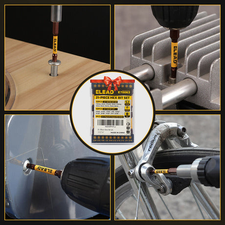 ELEAD 21-piece hex bit set with magnetic tips, made from durable S2 alloy steel for impact resistance and precision in heavy-duty applications.