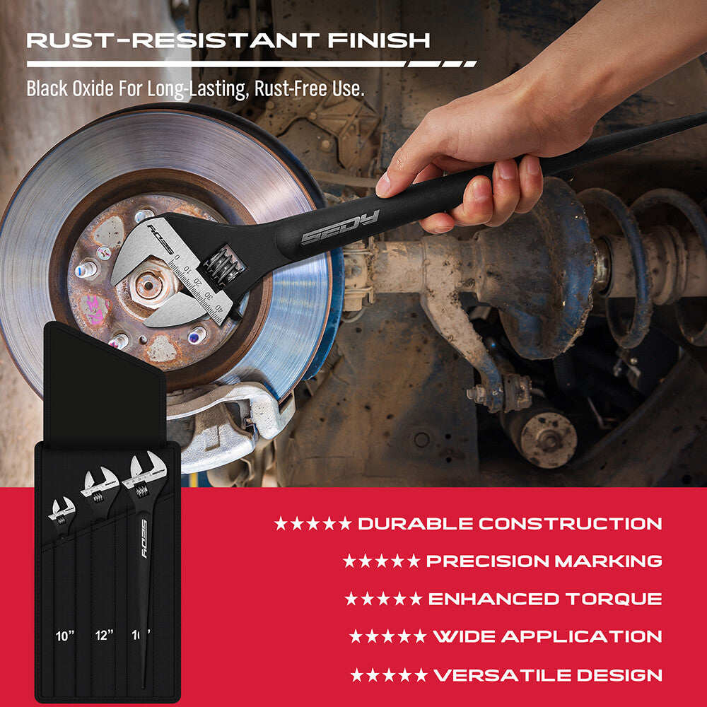 13-piece adjustable wrench set with heavy-duty Cr-V steel, laser-etched scale, rust-resistant finish, and crowbar design.