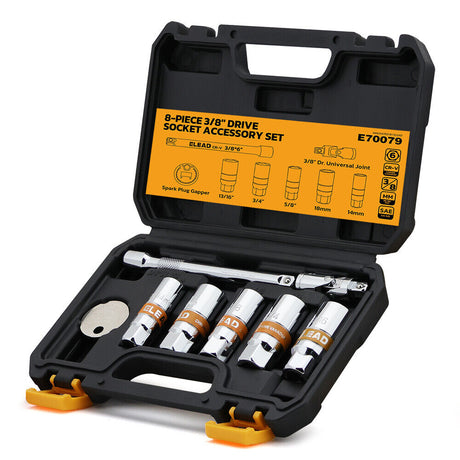 8-piece 3/8" drive socket accessory set with CR-V steel, 6-point design, includes spark plug gapper, extension bar, and universal joint for versatile use.