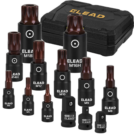 ELEAD 13-Piece Spline Bit Socket Set with S2 Alloy Steel and CR-V, Includes 3 Adapters for Versatile Applications