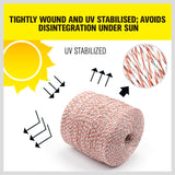 HORUSDY 1000 meter red and white high-visibility poly wire for electric fences, featuring UV-treated coating and stainless steel strands