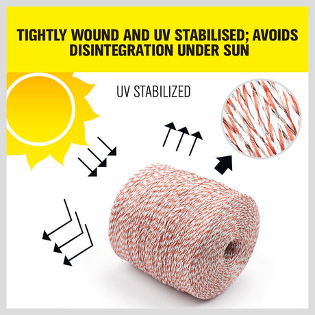 HORUSDY 1000 meter red and white high-visibility poly wire for electric fences, featuring UV-treated coating and stainless steel strands