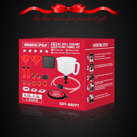 Non-spill coolant filling funnel kit with universal adapters, siphon hose pump, and precise filling features, designed for automotive and machinery use.