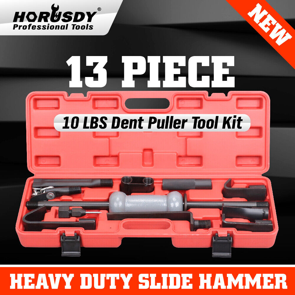 13-piece heavy-duty dent puller kit with slide hammer, durable chrome-vanadium steel construction, and blow-molded case for easy auto body repair.