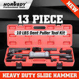 13-piece heavy-duty dent puller kit with slide hammer, durable chrome-vanadium steel construction, and blow-molded case for easy auto body repair.
