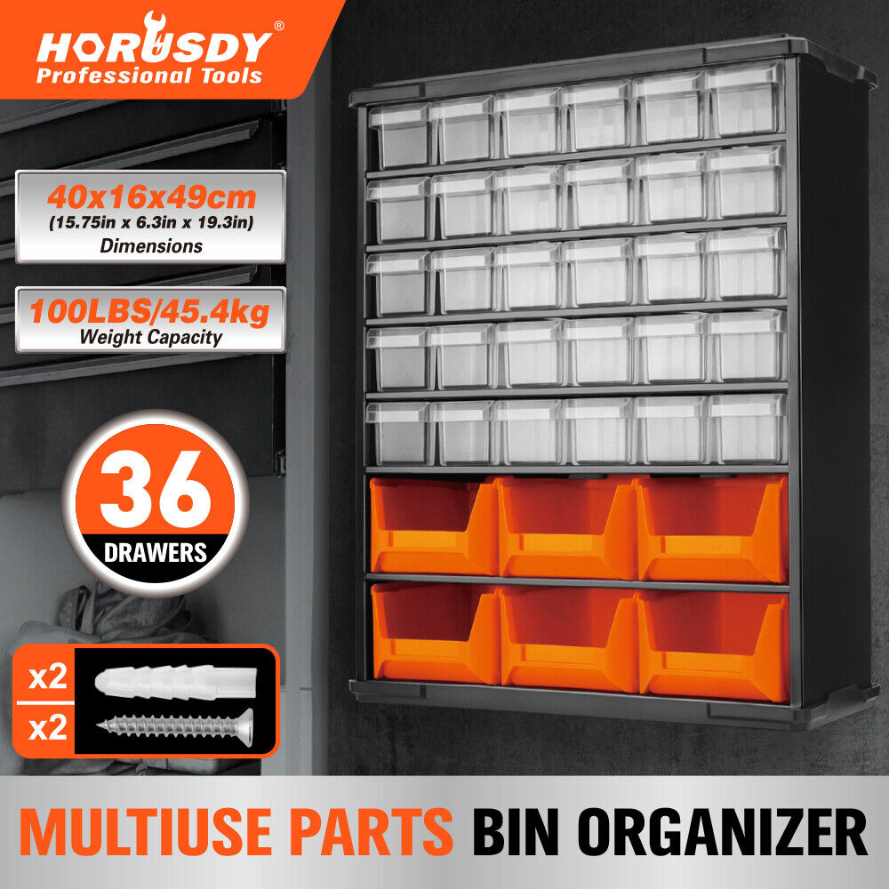Wall mount 36 drawer parts organiser with clear and orange bins for screws, tools, and hardware storage