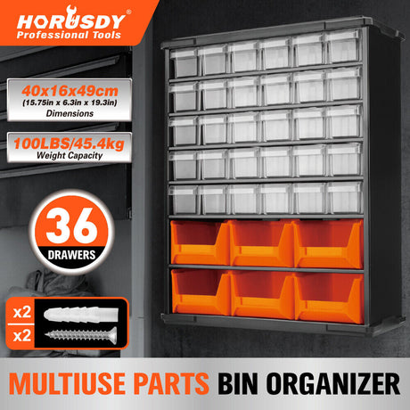 Wall mount 36 drawer parts organiser with clear and orange bins for screws, tools, and hardware storage