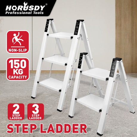 Folding step ladder with 2-step and 3-step options, featuring a compact, space-saving design, non-slip steps, and a 150kg weight capacity, ideal for home and office applications
