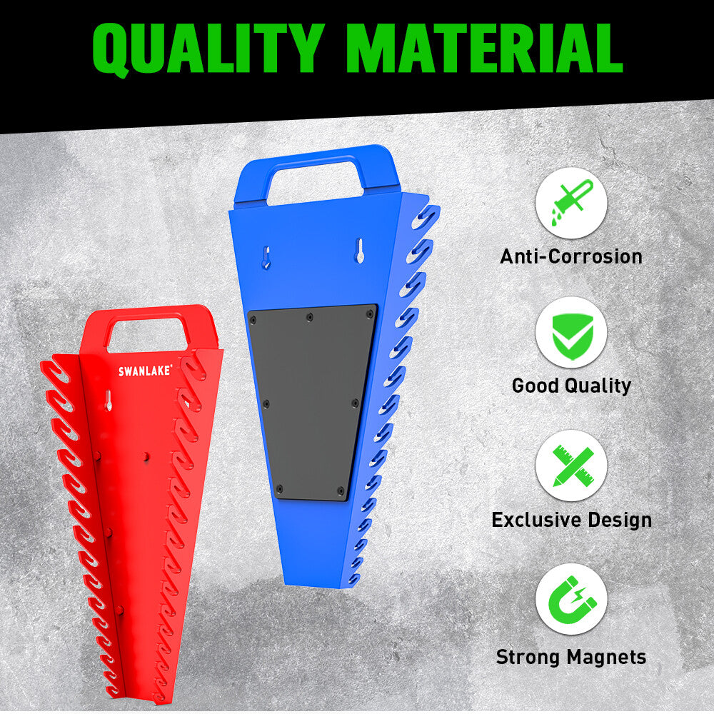 Set of four SWANLAKE magnetic wrench organisers with 15 slots each in red and blue, heavy-duty holders with strong magnets for wall or toolbox use
