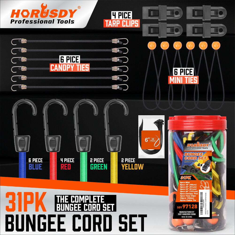 31-piece heavy duty bungee cord set with color-coded cords, plastic coated steel hooks, tarp clips, cable ties, and mini ball ties for versatile outdoor use