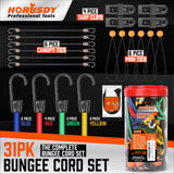 31-piece heavy duty bungee cord set with color-coded cords, plastic coated steel hooks, tarp clips, cable ties, and mini ball ties for versatile outdoor use