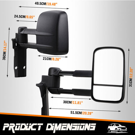 Manual fold extendable tow mirrors for Toyota Land Cruiser 70-79 series (1984-2022), dual glass with black textured finish
