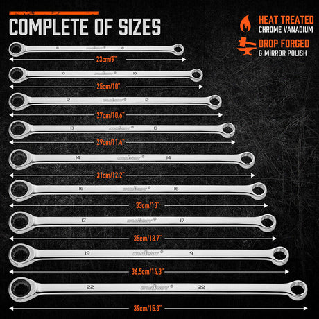 Professional 9-piece ratcheting wrench set with 72-tooth mechanism, rust-resistant polish & extra-long handles - HORUSDY Australia