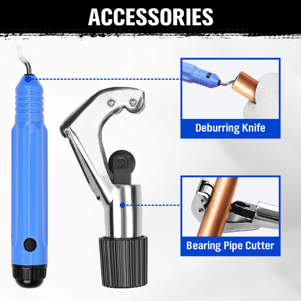 10-piece hydraulic tube expander kit with multiple expander heads, pipe cutter, deburring tool, and durable case for copper, aluminum, and titanium pipes.