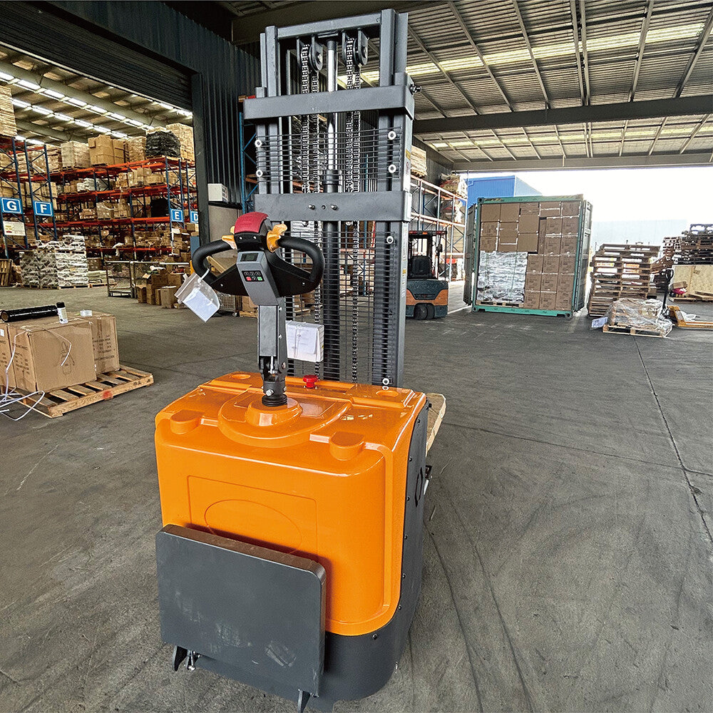 Stand-up electric stacker with 3-meter lift height and 1500kg capacity. Designed for efficient material handling in warehouses, featuring durable construction, ergonomic controls, and compact design for easy maneuverability.