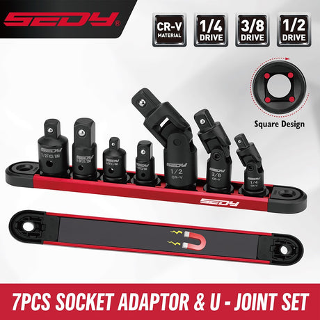 SEDY 7-piece impact socket adapter and universal joint set with magnetic rail, ideal for automotive and DIY tool storage