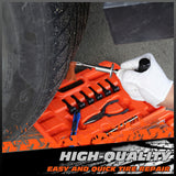 108-piece heavy duty tire repair kit with T-handle tools, pliers, utility knife, and tire plugs in a bright orange case"