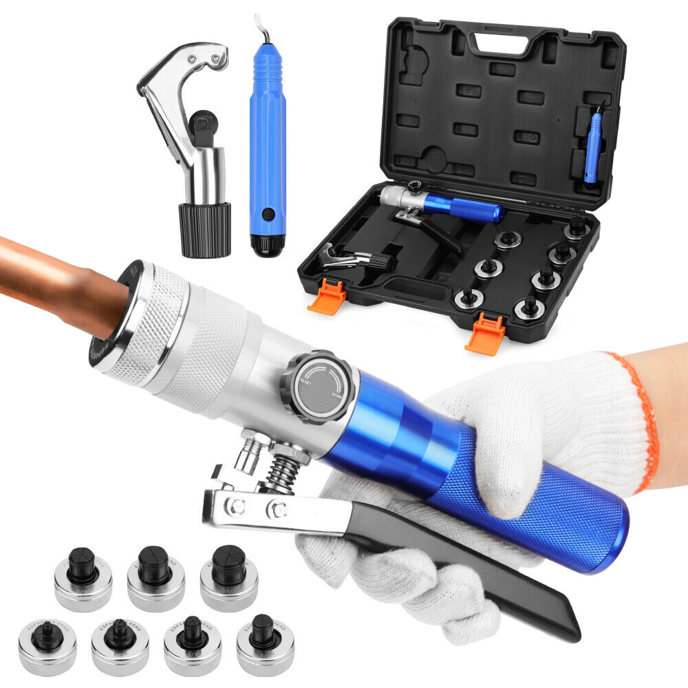 10-piece hydraulic tube expander kit with multiple expander heads, pipe cutter, deburring tool, and durable case for copper, aluminum, and titanium pipes.