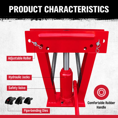 8-ton hydraulic pipe bender with 3-piece die set for precise 90-180 degree bending of various metal pipes, including steel, aluminum, and copper.