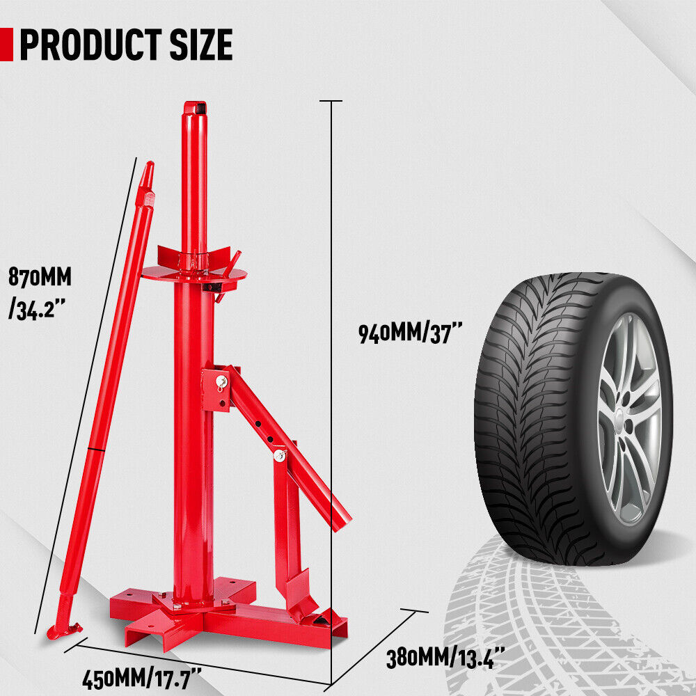 Portable manual tire changer bead breaker tool for cars, trucks, and motorcycles, featuring a durable red steel frame for easy tire removal and installation.