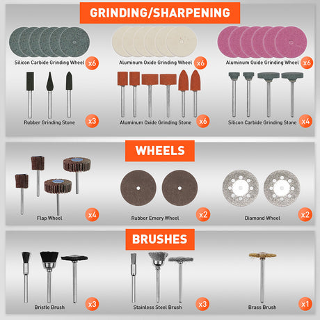 HORUSDY 308-piece rotary accessories kit compatible with Dremel tools, includes sanding, grinding, polishing, and cutting tools with organised storage case.