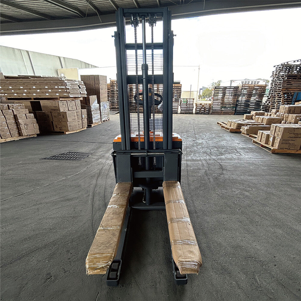 Stand-up electric stacker with 3-meter lift height and 1500kg capacity. Designed for efficient material handling in warehouses, featuring durable construction, ergonomic controls, and compact design for easy maneuverability.