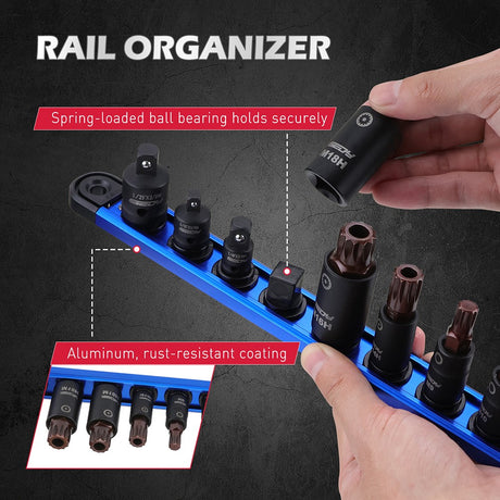 HORUSDY 13-piece triple square spline bit socket set with CR-V sockets, S2 bits, and a magnetic storage rail for mechanics and DIY use
