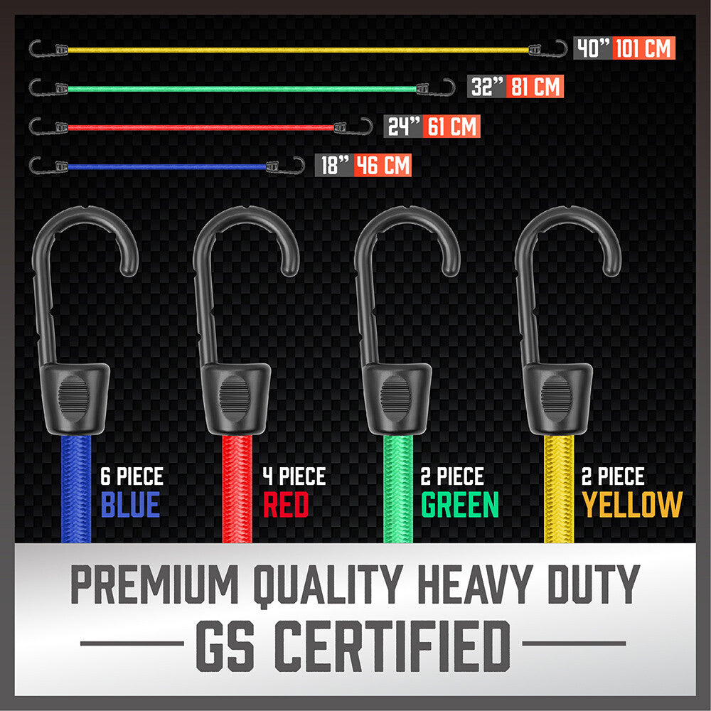 31-piece heavy duty bungee cord set with color-coded cords, plastic coated steel hooks, tarp clips, cable ties, and mini ball ties for versatile outdoor use