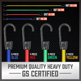 31-piece heavy duty bungee cord set with color-coded cords, plastic coated steel hooks, tarp clips, cable ties, and mini ball ties for versatile outdoor use