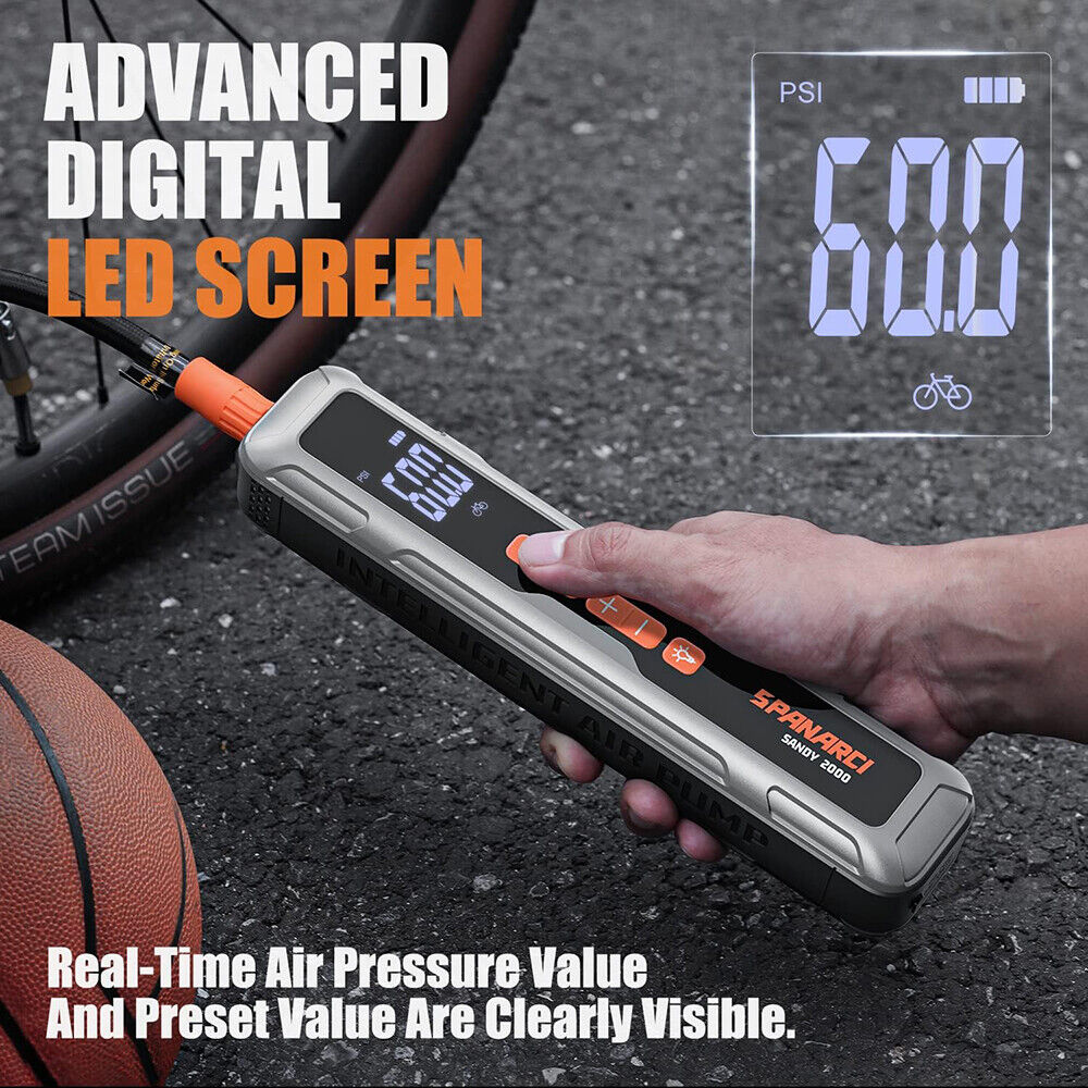 Portable digital tire inflator from HORUSDY with LED display, 6000mAh rechargeable battery, suitable for cars, motorcycles, bicycles, and sports balls.