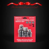 Sedy 3-piece impact universal joint socket set with 1/4", 3/8", and 1/2" drives, featuring Cr-Mo steel and 360-degree swivel for tight space access