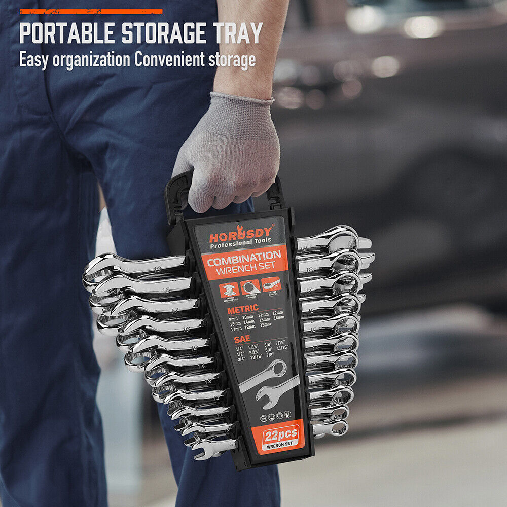 22-piece combination spanner set in SAE and metric sizes, made from durable CR-V steel, featuring corrosion resistance and a portable storage tray.