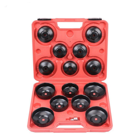 15-piece cup type oil filter wrench tool set for automotive maintenance, including various sizes of oil filter sockets in a red carrying case.