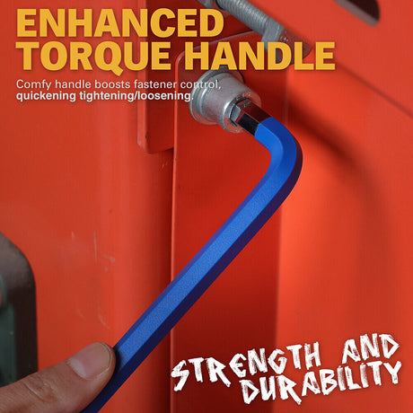 ELEAD 13-piece blue hex key set with ball ends and size indicators, ranging from 2-19mm, for precision work in tight spaces