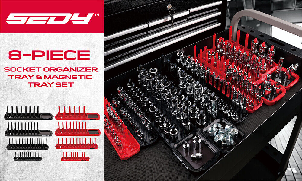 SEDY 8-Piece Magnetic Socket Organizer Tray Set in red and black, displaying various sizes for metric and SAE sockets