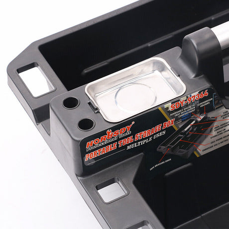 Portable tool storage box with magnetic tray and multiple compartments for organizing tools, screws, and fasteners, ideal for automotive and home use.