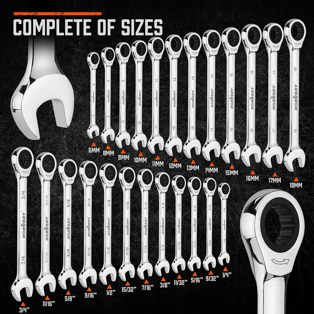 Complete set of 24 HORUSDY ratcheting combination spanners in metric and SAE sizes, showcased with a durable storage case