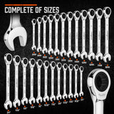 Complete set of 24 HORUSDY ratcheting combination spanners in metric and SAE sizes, showcased with a durable storage case