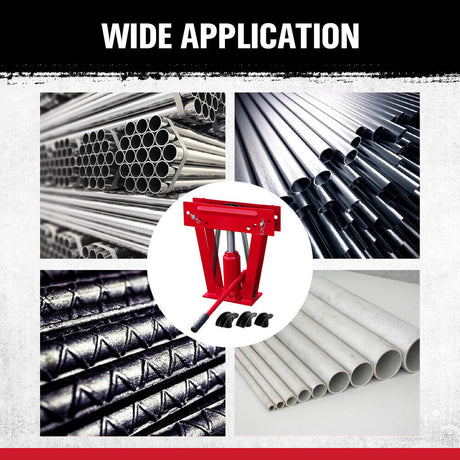 8-ton hydraulic pipe bender with 3-piece die set for precise 90-180 degree bending of various metal pipes, including steel, aluminum, and copper.