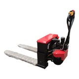 "Battery-powered electric pallet jack with ergonomic handle for easy maneuverability. Features a compact design for efficient material handling, ideal for warehouses and storage facilities."