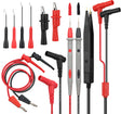 Multimeter test leads set with probes, alligator clips, and tweezers for precise electrical testing and circuit diagnostics.