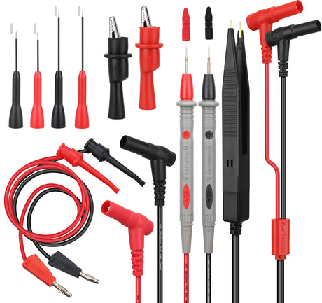 Multimeter test leads set with probes, alligator clips, and tweezers for precise electrical testing and circuit diagnostics.