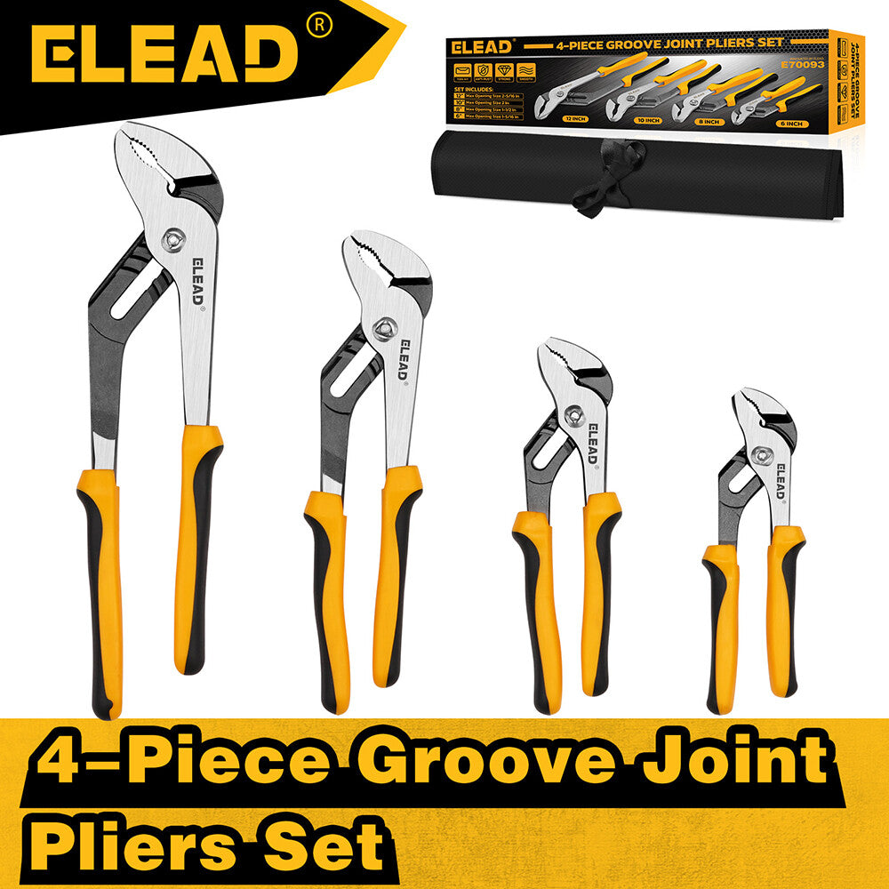 ELEAD 4-piece adjustable groove joint pliers set with ergonomic non-slip handles, roll-up storage bag, and multiple jaw sizes for versatile gripping.