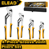 ELEAD 4-piece adjustable groove joint pliers set with ergonomic non-slip handles, roll-up storage bag, and multiple jaw sizes for versatile gripping.