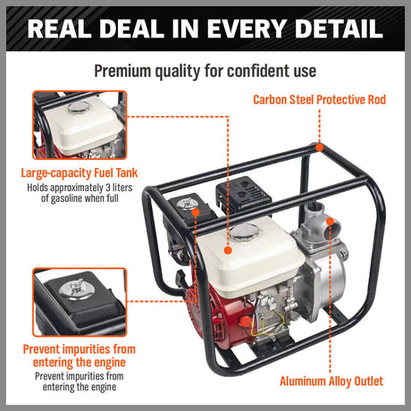 Gasoline water pump with 5.5HP engine, 30m³/h flow rate, 2-inch outlet, ideal for irrigation and high-efficiency water transfer