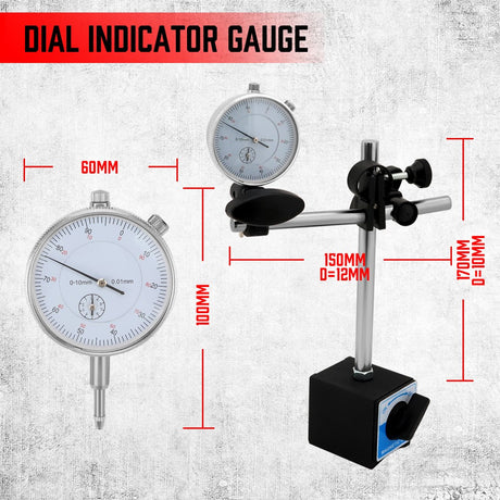 Precision dial indicator gauge set with magnetic base and 22 tip attachments for CNC, machining, alignment, and measuring applications